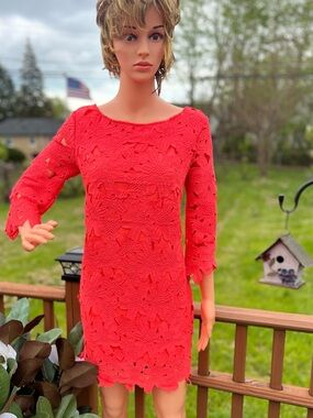 Women's Coral/Moroccan Sunset Lace Floral Dress with Three-quarter Sleeves